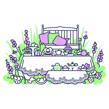 A quaint tea party is set up in a garden filled with flowers. There are elegantly arranged tables, each covered with a white lace tablecloth. On the tables, fine china teacups and plates are placed, featuring intricate patterns. Delicate pastries such as scones and macarons are artfully displayed on tiered serving stands. Surrounding the tables, various flowers bloom in shades of green and purple. A small, ornate teapot sits at the center of one table, steam rising gently from its spout. In the background, a vintage wooden bench is partially visible, adorned with a few colorful cushions.