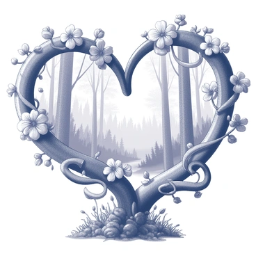 A heart shape formed by intertwining vines and clusters of flowers. The vines are thick and textured, wrapping around each other to create the heart's outline. Various flowers, with distinct shapes and sizes, bloom throughout the vines, adding complexity to the heart's form. In the background, a forest setting is visible, featuring tall trees with detailed bark and a dense arrangement of leaves. The forest floor is covered with a mix of foliage and small plants, enhancing the natural atmosphere surrounding the heart.