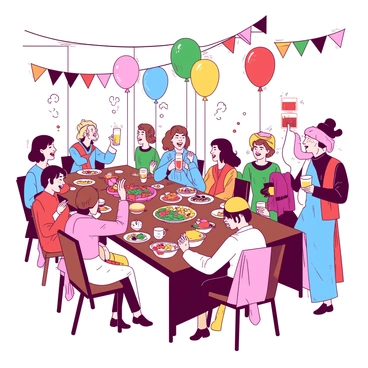 A vibrant scene featuring a lively banquet with people dressed in various colorful costumes. The attendees are seated around long wooden tables filled with an array of food and drinks. Balloons in two distinct colors are floating above the tables, adding to the festive atmosphere. Laughter and animated conversations can be seen as guests interact, with some standing while toasting with glasses raised high. Festive banners and decorations hang from the ceiling, enhancing the celebratory mood of the gathering.