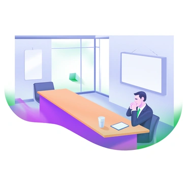 A modern pastel illustration of a businessman sitting alone at a long, rectangular conference table in a spacious, empty conference room. The businessman is wearing a tailored dark suit and appears deep in thought, with his hands clasped in front of him. The conference room features large windows that allow natural light to flood in, casting soft shadows across the polished wooden floor. On the walls, there are minimalist artworks and a large presentation screen at one end of the room, currently turned off. A glass of water and a notepad are placed in front of the businessman on the table, emphasizing the solitude of the setting.