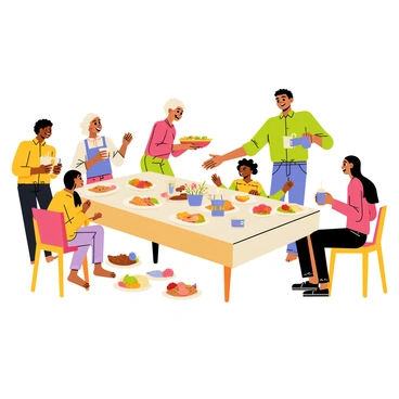 A large dining table filled with a variety of dishes from different cultures, showcasing colorful plates of food. Family members of various ethnic backgrounds are seated around the table, engaged in lively conversation and laughter. An elderly woman with white hair is serving a traditional dish, while a young man in a green shirt is pouring drinks for everyone. Children are seated at one end, excitedly reaching for food. The table is adorned with vibrant napkins and decorative centerpieces, enhancing the warm and inviting atmosphere of the family gathering.