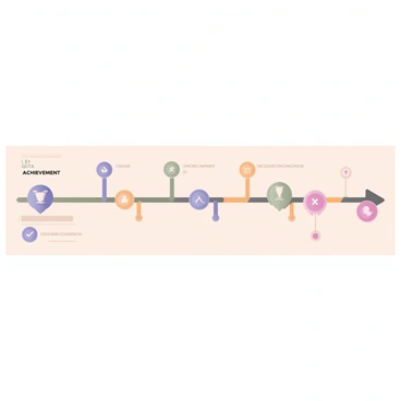 A digital flat illustration of a timeline chart that stretches horizontally across the image. The timeline is marked with evenly spaced vertical lines representing different milestones. Each milestone is labeled with "Key Quota Achievement" in bold lettering. There are circular markers in various colors—blue, green, and orange—placed on each milestone, indicating achievement points. Additionally, small icons, such as a trophy, a checkmark, and a star, are positioned next to some milestones to symbolize success. The background is a light color to enhance visibility, and the overall layout is clean and organized.