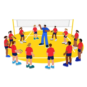 A volleyball coach demonstrating techniques on the court to a group of eager young players. The coach is wearing a blue sports uniform and is showing a proper serve stance with a volleyball in hand. Around the coach, the young players, wearing matching red jerseys, are attentively watching and listening. The court is marked with bright white lines, and the net is set up in the background. A few players are holding volleyballs, while others are in various stances, eager to practice the techniques being demonstrated. The sun is shining brightly, casting shadows on the court.