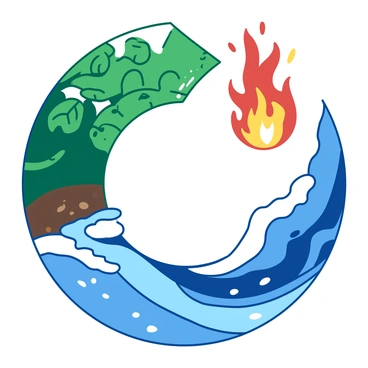 A duotone illustration features a large rotating circle divided into four equal sections. Each section represents an element: "earth" is depicted with rich green textures, showing leaves and soil; "water" is illustrated with flowing blue waves and droplets; "fire" is represented by vibrant orange flames flickering; "air" is shown with soft white wisps and clouds. The sections are seamlessly blended at the edges to create a smooth transition between each element, emphasizing the cycle of nature.