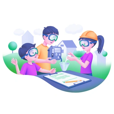 A modern pastel illustration depicting a group of children engaged in a school science project. There are three children, two boys and a girl, wearing casual clothing and safety goggles. They are using simple tools like a handheld air quality monitor and a measuring cup. One child is holding the air quality monitor, while another is pouring a sample of air into the device. In the background, there are trees and houses, illustrating a neighborhood setting. The children appear focused and curious about their experiment. A clipboard with notes and a pencil is visible on a nearby table, enhancing the scene's educational aspect.