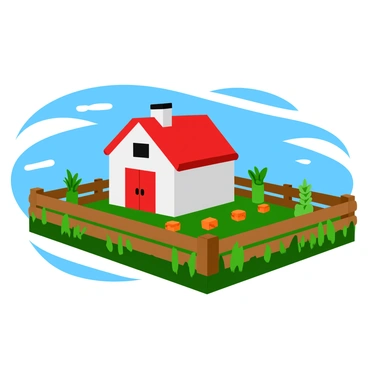 A Minecraft-style farmhouse with a red and white exterior made of blocks. The farmhouse features a slanted roof with a chimney and square windows. Surrounding the farmhouse are fields of green crops, including tall stalks of wheat and rows of carrots. A wooden fence made of blocky logs encloses the farmhouse and crops, creating a cozy farm atmosphere. The sky above is bright blue with a few fluffy white clouds.