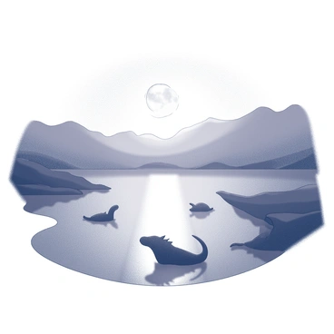 A lake with a smooth, glassy surface that reflects the moonlight above. The scene is illuminated by a full moon, casting light across the water. Beneath the surface, shapes of mythical creatures can be seen, their outlines distinct yet mysterious. The surrounding area features gently sloping banks with sparse vegetation, enhancing the tranquility of the setting.
