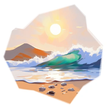 A scene depicting solid illustrated waves crashing onto a sandy beach. The waves are large and frothy, with shades of blue and white splashing as they break upon the shore. A bright sun is positioned high in the sky, casting warm rays of light over the beach. The sand is a soft golden color, dotted with small seashells and pebbles. In the background, gentle dunes rise up, creating a serene coastal atmosphere.