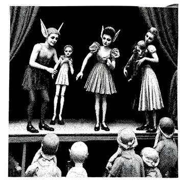 A group of three elves is gathered on a small stage within a quaint theater. The elves are slender with pointed ears and delicate features, wearing intricate costumes decorated with fine details. Each elf is focused on manipulating vintage puppets, which are crafted from wood and fabric, showcasing unique designs. The first elf is holding a marionette gracefully, while the second elf operates a hand puppet with a wide smile. The third elf stands at the side, ready to assist with another puppet. The theater has ornate decorations, including plush curtains and an audience of enchanted forest creatures watching intently. The scene conveys a sense of whimsy and charm, capturing the lively performance.