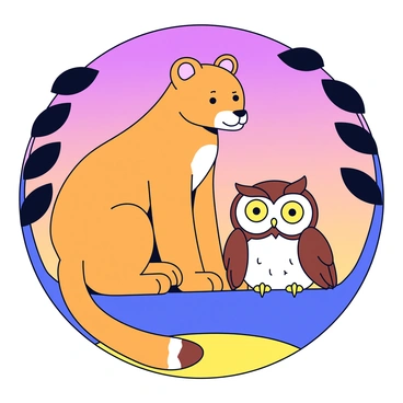 A puma with a sleek golden-brown coat sits on a sturdy tree branch. Its eyes are alert and fixed ahead, showcasing its powerful physique. Next to the puma, an owl with fluffy white and brown feathers rests quietly. The owl's large round eyes are wide open, and its beak is small and sharp. The sky around them is a soft twilight hue, blending shades of deep purple and orange. The leaves of the tree are dark green, framing the scene and providing a natural setting for these two animals.