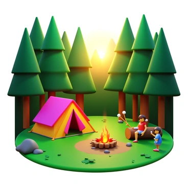 A campsite in a dense forest featuring a colorful tent set up on a patch of grass. Nearby, a campfire is crackling with orange flames and glowing embers. There are two people, one holding a skewer with a marshmallow above the fire, and the other sitting on a log, watching the marshmallow toast. Surrounding them are tall trees with green foliage, and the ground is scattered with leaves and small rocks. The scene captures a warm, inviting atmosphere as the sun sets in the background, casting soft light through the trees.