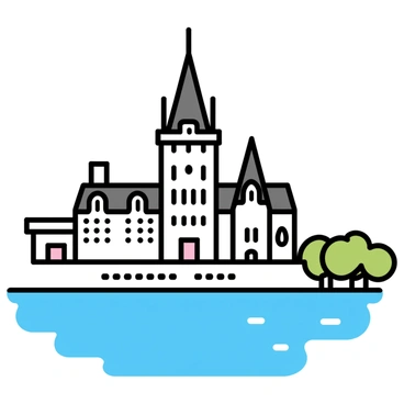 A tall, historic building with a steeply pitched roof, known as the "Château Frontenac," overlooks the "St. Lawrence River." The hotel's exterior features intricate architectural details, including tall windows and ornate balconies. In the foreground, the shimmering blue waters of the "St. Lawrence River" reflect the sunlight, while the surrounding landscape includes green trees and a clear sky. The scene captures the grandeur of the hotel against the backdrop of nature.