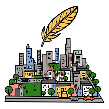 A giant feather with intricate details in its texture and soft, light colors is floating gently above a sprawling cityscape. The feather casts a soft shadow on the rooftops of various buildings below, which include tall skyscrapers, smaller houses, and green parks. The city is alive with activity, featuring people walking on the streets, cars parked along the curbs, and trees lining the sidewalks. The sky above is bright and clear, enhancing the whimsical scene.