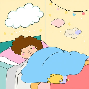 A young girl with curly brown hair is lying in a cozy bed, tucked under a fluffy blue blanket. She has a serene expression on her face, indicating that she is dreaming peacefully. Above her, whimsical magical clouds in various pastel colors float gently, some shaped like stars and hearts. The room is softly illuminated with a warm glow, and there are small twinkling fairy lights strung across the walls. The bed has a colorful patchwork quilt and a few plush toys scattered around.