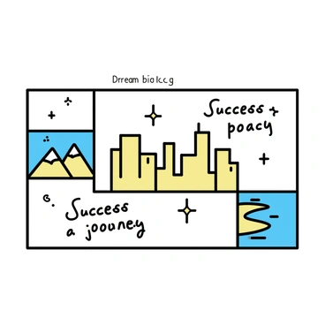 A rectangular vision board is filled with various images and quotes representing future aspirations. In the top left corner, there is a picture of a mountain range symbolizing adventure. Adjacent to it, a quote in elegant font reads, "Dream big." In the center, a vibrant city skyline signifies career goals, while another quote below it states, "Success is a journey." On the right side, there is an image of a peaceful beach representing relaxation and self-care, paired with the quote, "Find your peace." The overall layout is organized, with images and quotes harmoniously arranged to inspire and motivate.