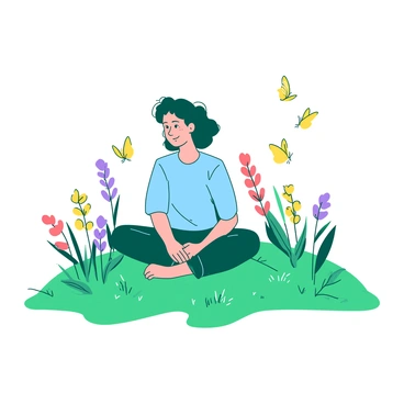 A person sitting cross-legged on a grassy hill, wearing a light blue shirt and dark green pants. The hill is dotted with vibrant wildflowers in various colors, swaying gently in the breeze. Several yellow butterflies are fluttering around, landing softly on the flowers. The scene captures a peaceful moment in nature, with the person appearing relaxed and content amidst the colorful surroundings.