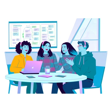 A group of four friends sitting at a modern café table, all wearing sleek headphones connected to a single device in the center. The friends have diverse appearances; one has curly hair and a bright yellow jacket, another has straight black hair with glasses, the third has dyed blue hair and a patterned sweater, and the fourth has short hair and a green hoodie. They are animatedly discussing ideas, with various colorful sticky notes scattered across the table and a laptop open in front of them displaying a mind-mapping application. Sunlight streams through large windows, casting warm light on the scene.