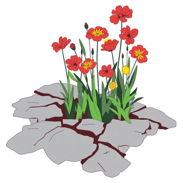 A vibrant display of wildflowers in shades of red and yellow is blooming through the cracks in a gray paved road. The flowers are standing tall and proud, their petals open wide towards the sunlight. The cracked pavement is visible, with rough edges framing the delicate blossoms. Some flowers are fully opened, while others are still budding, creating a sense of growth and resilience. Green leaves are interspersed among the flowers, adding to the lively scene. The contrast between the hard surface of the road and the softness of the flowers highlights their determination to thrive.