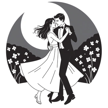 A couple is engaged in a romantic dance under the moonlight. The scene is illuminated by a large, glowing moon that casts soft shadows on the ground. The woman is wearing a flowing gown that billows around her as she twirls, while the man is dressed in a fitted tuxedo. Their eyes are locked in an intense gaze, reflecting an atmosphere of desire. Surrounding them, delicate flowers bloom, adding to the enchanting ambiance of the night. A slight breeze ruffles their hair as they move gracefully together.