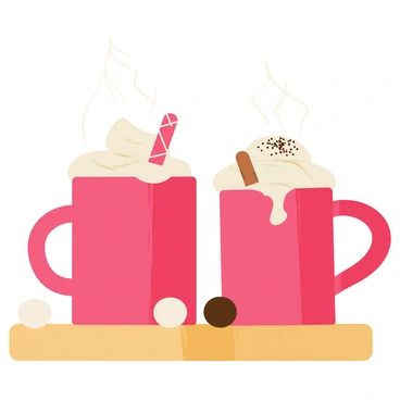 Two steaming mugs of hot cocoa placed on a wooden table. Each mug is a bright red color and filled to the brim with creamy chocolate beverage. Whipped cream topped with fluffy white marshmallows is overflowing from each mug. A small candy cane is nestled on the rim of one mug, while the other mug has a sprinkle of chocolate shavings on top. Soft steam rises from the mugs, creating a warm and inviting atmosphere. A few scattered marshmallows are placed around the base of the mugs on the table.