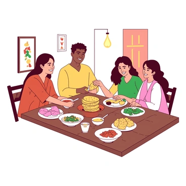 A family gathered around a dinner table, passing around naan and side dishes.