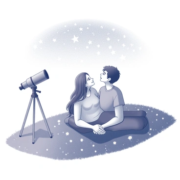 A couple is lying closely together on a grassy hill. They are both looking up at the night sky filled with stars. The woman has long hair, while the man has short hair, and they are both wearing casual clothing. Nearby, a telescope is set up on a small tripod, pointing toward the stars. The hill features gentle slopes and a few wildflowers scattered throughout the grass, adding texture to the scene. The couple appears relaxed and content as they enjoy the beauty of the night sky.