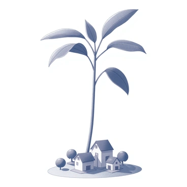 A giant sweet bean plant with large, broad leaves extending outward. The plant rises high above a landscape of miniature houses and trees. The houses are small, with simple structures and roofs, scattered across the ground. The trees are also diminutive, with rounded canopies. The scene shows a contrast between the towering plant and the tiny dwellings, emphasizing the scale of the sweet bean plant. The overall view captures the interaction between nature and human structures.