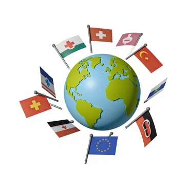 A three-dimensional globe showing different continents with vibrant colors. Surrounding the globe are various flags, each representing a different country, displayed prominently. Interspersed among the flags are distinctive symbols associated with various types of insurance, such as a shield, a hospital cross, and a car silhouette. The globe rotates slowly, emphasizing its international aspect, while the flags and symbols create a dynamic sense of global insurance coverage.