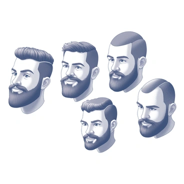 A group of men with distinct beard styles, each featuring a unique facial hair design. One man has a full, bushy beard that emphasizes his strong jawline. Another displays a neatly trimmed goatee that accentuates his chin. A different individual sports a stubbled beard, adding texture to his face. Each man's expression varies, showcasing confidence and individuality. The men's haircuts complement their beard styles, creating a cohesive look that highlights how facial hair enhances their facial features.
