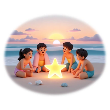 A glowing starfish, radiating a warm and colorful light, is nestled in the soft sand on a beach. Surrounding it, several children with excited expressions gather, their eyes wide with wonder. The children are wearing brightly colored swimsuits, and some have towels draped over their shoulders. The sky above them is painted with shades of orange, pink, and purple as the sun sets on the horizon, casting a gentle glow over the scene. The waves are softly lapping at the shore, and some seashells are scattered in the foreground, creating a tranquil coastal atmosphere.