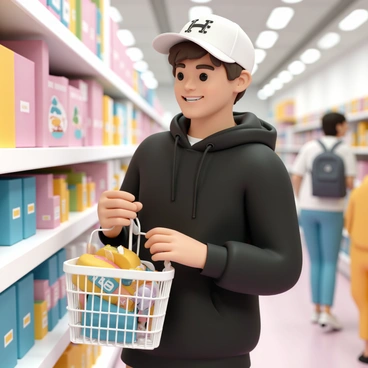A person, wearing a black hoodie and a baseball cap featuring the logo of their favorite brand, is standing in a store aisle. They are holding a shopping basket filled with various items. The person has short brown hair and is smiling while scanning the shelves, displaying excitement. Brightly colored merchandise is visible on the shelves behind them, showcasing the brand's products. The store is well-lit, and there are other shoppers in the background, creating a lively shopping atmosphere.