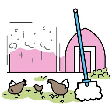 A mop helping on a farm, standing beside a barn with chickens pecking nearby