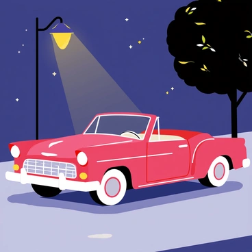 A classic vintage car in a deep shade of red is parked under a glowing streetlight. The car has rounded edges, chrome details, and whitewall tires that shine in the light. The streetlight emits a warm yellow glow, casting soft shadows on the ground. The nighttime sky is depicted in dark blue hues with a few scattered stars. Surrounding the car, the pavement is slightly wet, reflecting the light from the streetlight. A nearby tree with dark green leaves stands silhouetted against the night sky, adding depth to the scene. Decorations and details suggest a quaint, nostalgic neighborhood atmosphere.