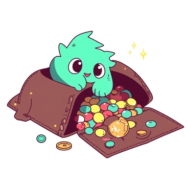 A teal niffler is peeking out from a brown satchel that is overflowing with shiny treasures. The satchel is adorned with intricate stitching and is slightly open, revealing a variety of sparkling coins, glimmering jewels, and colorful trinkets spilling out. The niffler's eyes are wide with curiosity, and its tiny paws are reaching towards a gleaming gold coin that is perched on the edge of the satchel. The scene is filled with a sense of excitement as the treasures catch the light.