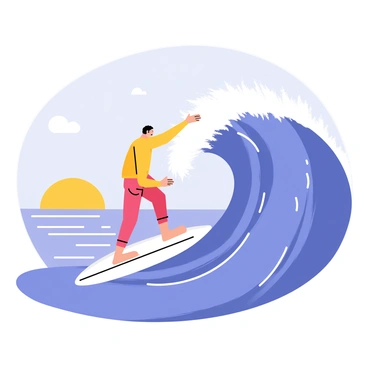 A surfer with a red and yellow wetsuit riding a large, curling blue wave. The sun is bright and yellow in a clear blue sky, casting warm rays over the scene. The ocean is a deep blue with white frothy spray at the crest of the wave. The surfer is balanced on a sleek white surfboard, sliding down the wave's face. In the background, a distant coastline is visible under the shining sun.