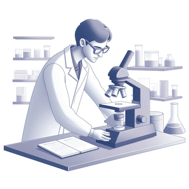 A scientist is standing in a laboratory, leaning forward to peer into a microscope. The scientist is wearing a white lab coat and safety goggles, with short hair visible beneath a cap. The microscope is detailed, featuring intricate knobs and a glass slide underneath it. Around the scientist, there are various laboratory equipment items, such as test tubes filled with liquids, petri dishes, and a notebook open with notes written in it. The background includes shelves filled with laboratory supplies. The scene conveys an atmosphere of focused research and exploration.