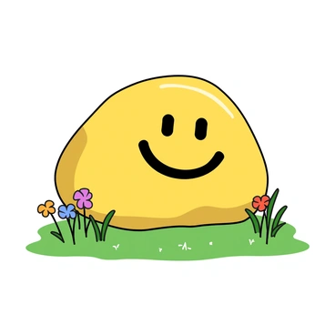 A small, smooth garden rock sits on a patch of green grass. The rock has a bright yellow paint covering its surface. On this yellow background, a cheerful "smiley face" is painted in black. The smiley features two large round eyes and a wide, curved mouth forming a joyful expression. The rock is surrounded by tiny colorful flowers and a few blades of grass, enhancing its playful appearance. The sun casts a soft glow on the rock, highlighting its vibrant colors.