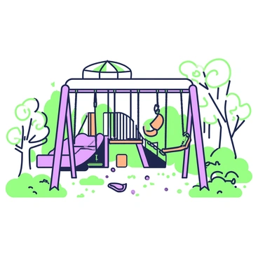 A playground is depicted with rusted swings hanging silently from their frames. The swings are empty, gently swaying in the light breeze. The ground is covered with patches of faded grass and scattered pebbles. In the background, a set of colorful but worn-out slides stands, their surfaces dulled by time. A rusted merry-go-round sits motionless beside a wooden climbing structure, which shows signs of weathering. Trees loom nearby, their branches casting shadows over the playground equipment, enhancing the sense of abandonment.