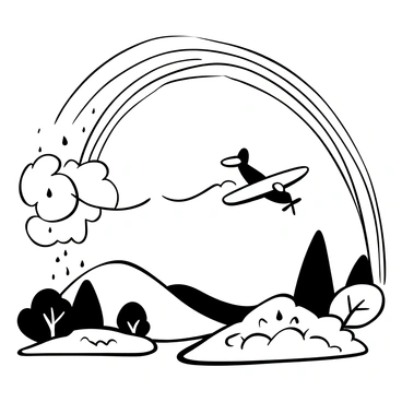 A Spitfire flying through the air, trailing behind it a plume of vapor. The airplane is depicted in a dynamic position, its wings angled as it maneuvers through the scene. Above its flight path, an arching rainbow stretches across the sky, its vibrant bands visible against the cloudy background. Below, remnants of a summer rain shower are illustrated, with droplets glistening on the ground and puddles reflecting the sky. Surrounding the scene, lush greenery is detailed, with trees and grass thriving after the rain.