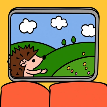 A hedgehog with spiky fur and small black eyes is peering out of a train window. The window is slightly open, allowing a gentle breeze to ruffle the hedgehog's quills. Outside the window, a vibrant countryside is visible, with rolling green hills, patches of colorful wildflowers, and distant trees. The sky is blue with fluffy white clouds, creating a cheerful atmosphere. The interior of the train is cozy, featuring soft seats in warm colors. The hedgehog's expression is curious as it takes in the scenic view.