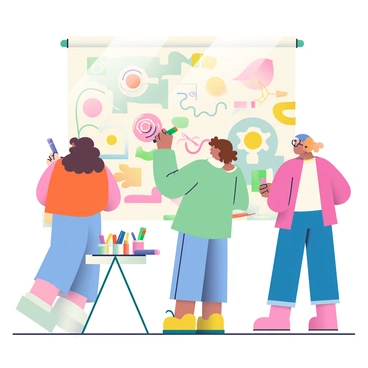 A large mural hangs on a white wall, filled with a variety of colorful, abstract shapes and illustrations. Viewers of different ages stand in front of the mural, each holding different art supplies. One viewer with curly brown hair is using a bright green marker to add a swirling design, while another viewer with glasses is sketching with a purple chalk. A small table nearby is filled with an array of markers, paints, and brushes in vibrant colors. The surroundings are bright and inviting, encouraging creativity and collaboration. 