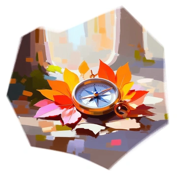 A detailed scene featuring "a compass" nestled within "a spiral of vibrant autumn leaves" on "a forest path." The compass, made of brass with intricate engravings, glimmers softly in the dappled sunlight filtering through the trees. Surrounding the compass, the leaves display rich hues of orange, red, and yellow, creating a striking contrast against the earthy tones of the path. The forest path is lined with tall trees whose trunks are covered in moss, and the ground is littered with fallen leaves, adding texture to the setting.