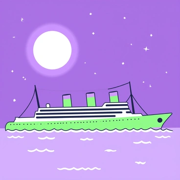 A grand ocean liner is cruising steadily across calm seas. The ship features elegant decks, tall smokestacks, and gliding hull, reflecting its luxurious design. Above, the night sky is clear and deep, illuminated by a full moon that casts silver light across the water's surface. Gentle waves ripple in response to the gentle breeze, and the ocean is dotted with small glimmers as the moonlight dances on the waves. The scene conveys a sense of tranquility, with the liner's silhouette contrasting against the illuminated backdrop of the moonlit sky.