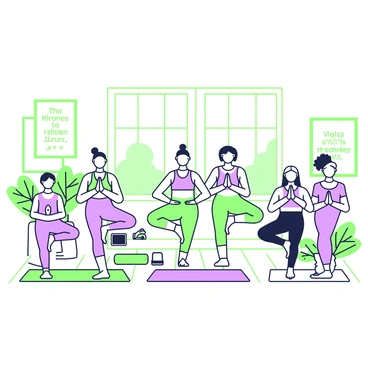 A diverse group of people is practicing yoga in a spacious studio. The participants include individuals of various ethnicities and body types, showcasing inclusivity. They are in different yoga poses, such as downward dog, warrior pose, and lotus position. Sunlight streams through large windows, casting soft shadows on the wooden floor. In the background, there are green plants placed in the corners, adding a touch of nature to the atmosphere. The walls are adorned with motivational quotes framed in green. A few yoga mats are arranged in a circular formation, and a small speaker can be seen playing calming music nearby.