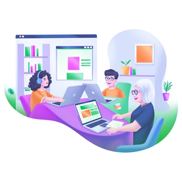 A modern pastel illustration depicting several students attending an online class from their homes. Each student is sitting at a desk with a laptop open in front of them. One student is a girl with curly hair wearing headphones, engaged in the lesson. Another student is a boy with glasses, taking notes next to his laptop. A third student is an older woman, smiling as she participates in the class discussion. Each room has personal touches, such as bookshelves, plants, and colorful artwork on the walls, creating a cozy atmosphere.