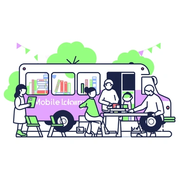 A white bus is parked at a community gathering, serving as a mobile library. The bus has large windows displaying colorful book covers and a sign on the side that reads, "Mobile Library." In front of the bus, several people are browsing through a selection of books displayed on a table. A young girl with pigtails is holding a book and smiling, while an elderly man is looking through the titles with interest. To the side of the bus, there are green folding chairs arranged in a semicircle for a reading corner. In the background, a few trees provide shade, and colorful banners are hanging from the bus.