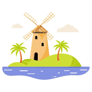 An old windmill with a weathered wooden structure stands tall on the lush green banks of the Nile River. The windmill features large, tattered sails that catch the gentle breeze. In the foreground, the sparkling blue water of the Nile reflects the sunlight, while clusters of palm trees sway nearby. A clear sky overhead is dotted with fluffy white clouds, creating a picturesque backdrop for this iconic scene.