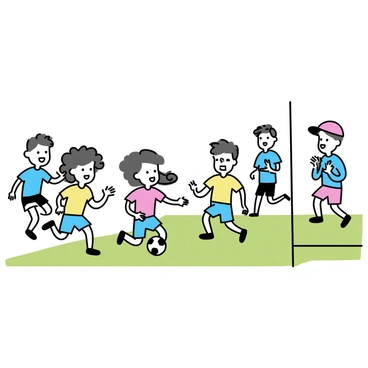 A diverse group of children is playing soccer on a grassy field. There are four boys and two girls, all wearing colorful jerseys with numbers. One girl with curly hair is dribbling the ball, while a boy with glasses is running alongside her, clapping his hands in encouragement. Another boy with a red cap is positioned at the goal, ready to block any shots. Their expressions are filled with excitement and determination. In the background, a coach is observing and cheering them on, creating a lively atmosphere. The scene captures the essence of teamwork and joy among children with and without learning disabilities.