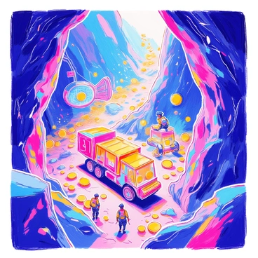 A futuristic mine is set in a vast underground cavern illuminated by bright, glowing lights. Workers in sleek, advanced mining suits are busy extracting glowing digital coins from the walls of the cavern. The coins emit a radiant blue and green light, contrasting sharply with the dark, rocky surroundings. Advanced machinery is scattered around, with screens displaying digital data and holographic projections of coin statistics. The atmosphere is filled with a sense of activity, as some workers transport the coins in high-tech carts while others monitor the extraction process from control panels.