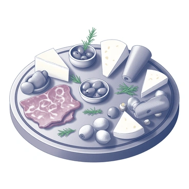 A charcuterie board is displayed on a wooden surface. The board features an assortment of sliced meats, including salami, prosciutto, and chorizo, arranged in a circular pattern. Various cheeses, such as aged cheddar, brie, and gouda, are placed strategically among the meats. Small bowls contain olives and nuts, enhancing the composition. Fresh herbs, such as rosemary and thyme, are scattered throughout for added texture. The arrangement is balanced, creating an inviting presentation for enjoying the delicacies.